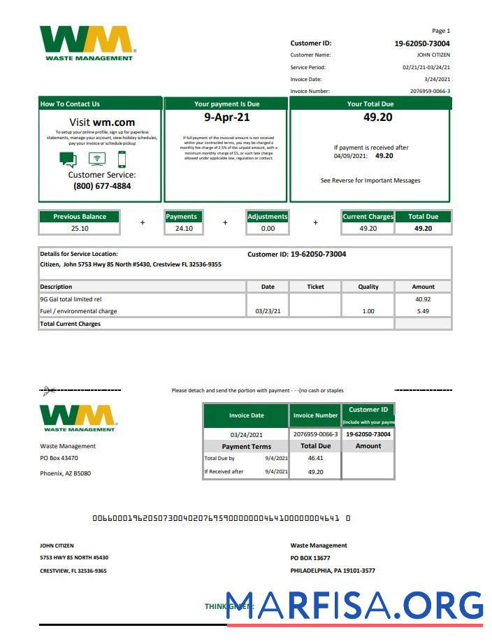 Printable USA Waste Management bank statement excel download for verification